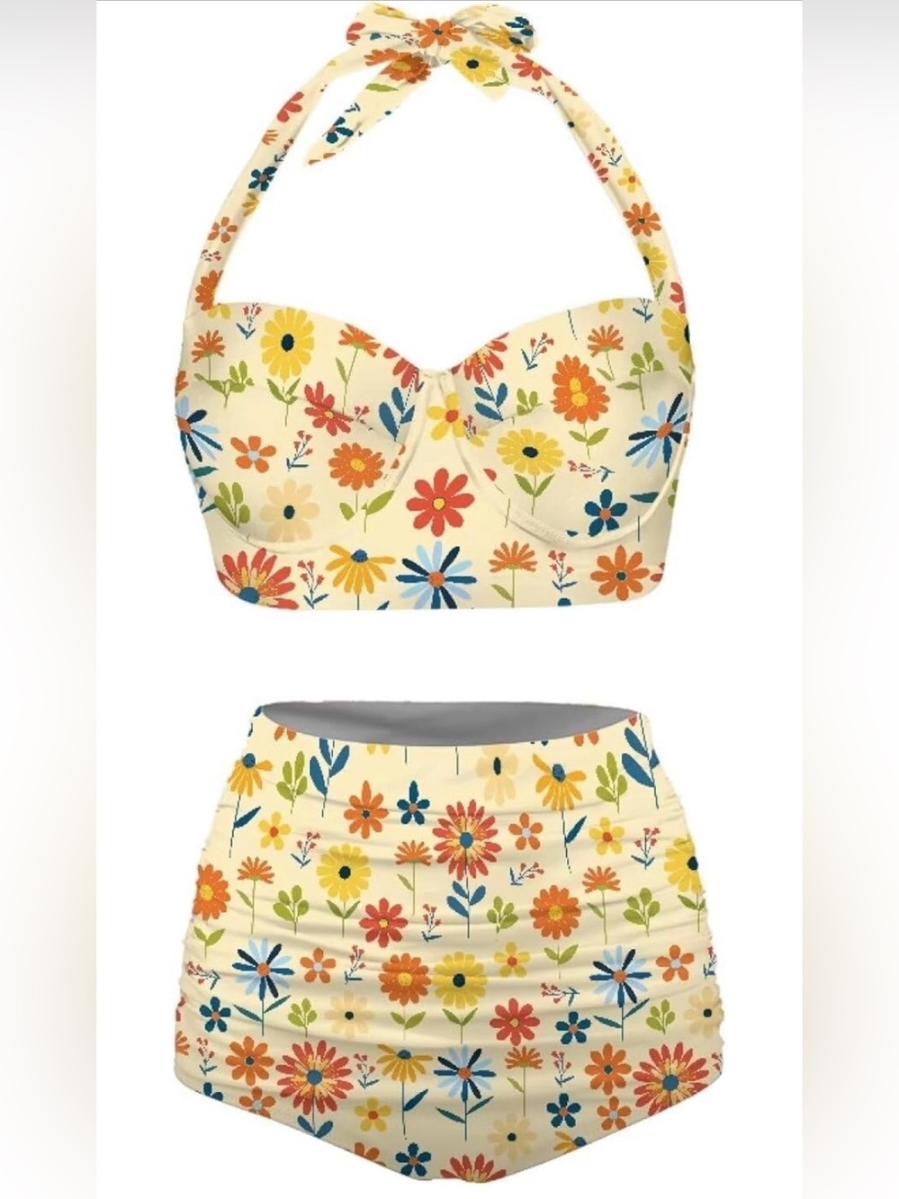 Women's Retro Ruched Ruffle High Waist Bikini Set